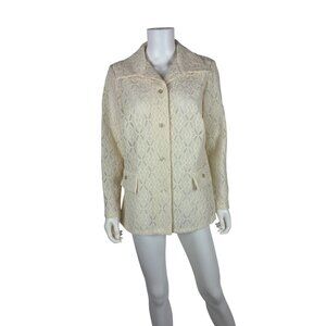 Vintage 70s Lace Blazer Womens Large Cream Long Sleeve Button Down Spring Jacket
